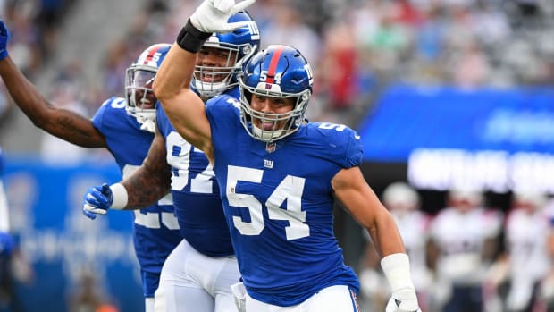 Giants linebacker Blake Martinez celebrates after forcing a turnover during a game.